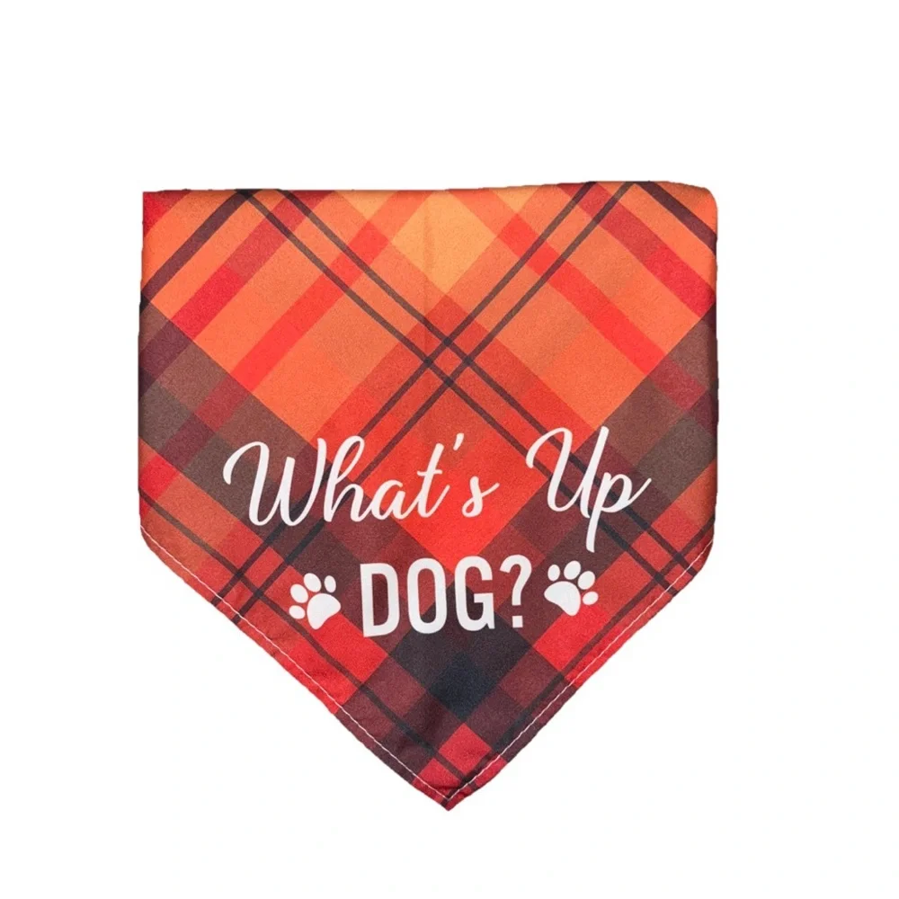 Dog Bandana Orange Plaid with Caption 